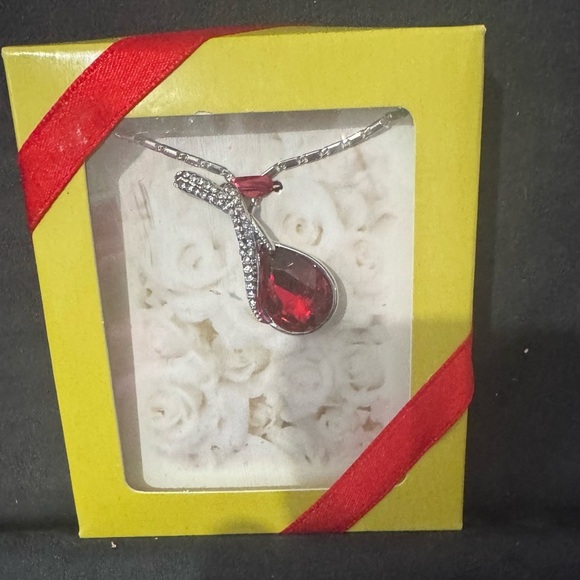 Red Crystal Tear Drop Silver Heart Necklace - Picture 2 of 3